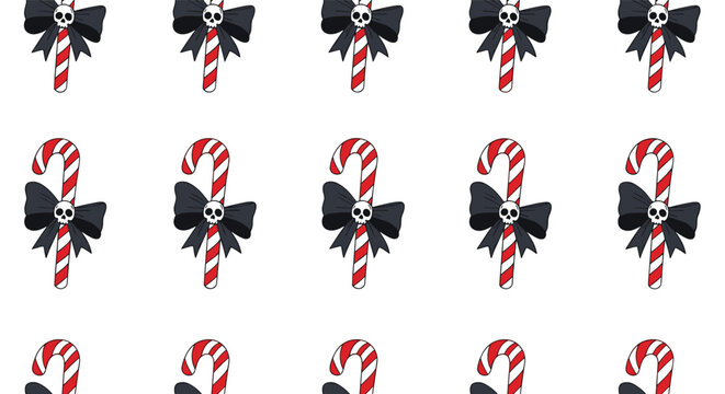 Gothic candy canes with black bows and skulls festive holiday pattern design