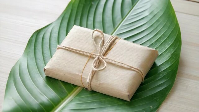 Eco friendly carbon neutral shipping with brown parcel and package wrapped paper and twine green leaf for sustainable delivery