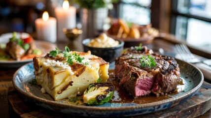 Steakhouse potato gratin wedge with golden layers beside perfectly cooked steak on rustic ceramic plate, restaurant dining setting with candlelight ambiance