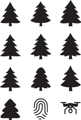 Obraz premium Collection of Simple Evergreen Tree Icons and Drone, Fingerprint Symbols