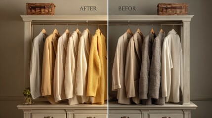Wardrobe transformation contrasting fashion choices and color palettes in clothing