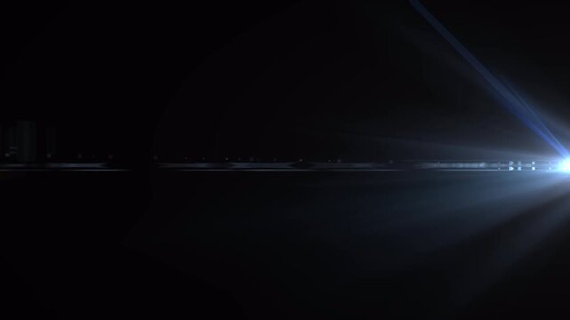 Non-looped video of blue lens flare streak flying through the center of the screen on transparent background with alpha channel. Dynamic light effect, cinematic and modern style.