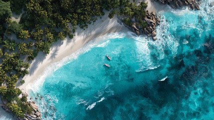 Aerial imagery reveals a tropical paradise where turquoise waves meet untouched white sands, forming an idyllic haven of serenity and peace