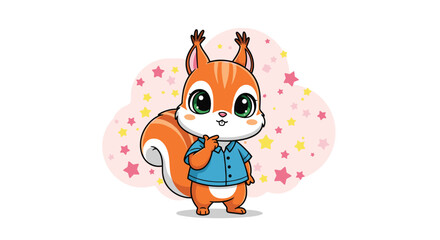 Fototapeta premium Chubby cartoon squirrel wearing a blue buttoned shirt with big green eyes standing amidst pink clouds and stars