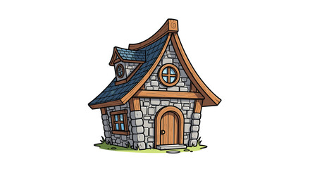 Charming stone cottage with weathered wooden roof and arched doorway on grassy terrain