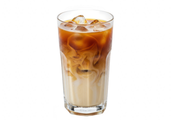 A tall glass filled with iced coffee and swirling cream, isolated on a transparent background