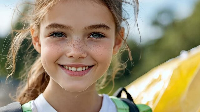 Cheerful young girl with freckles enjoying outdoor activity, smiling brightly in nature with sunny background and vibrant yellow bag on adventure day