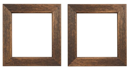 Two empty rustic wooden frames for photo or picture on transparent background. Concept for art display or home decor backdrop element.
