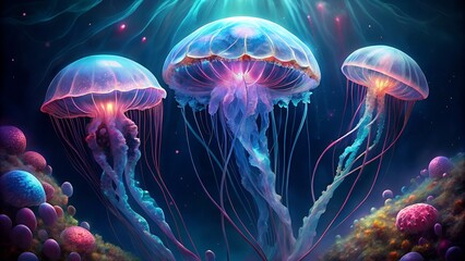 Three ethereal jellyfish glowing in a dark underwater world