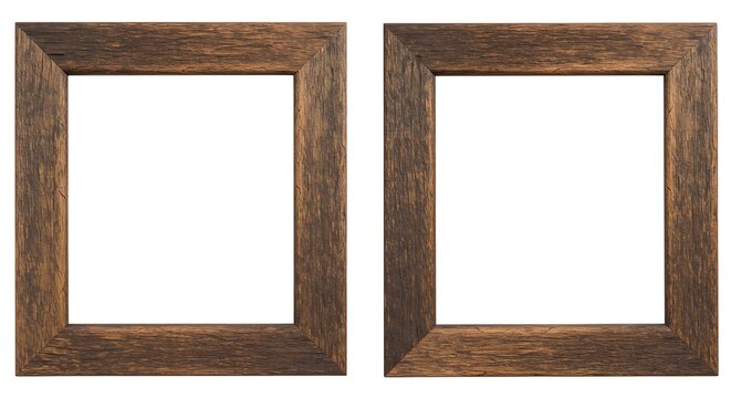 Two empty rustic wooden frames for photo or picture on transparent background. Concept for art display or home decor backdrop element.