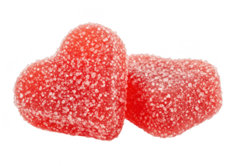 Two red heartshaped gummy candies covered in sugar crystals isolated on white isolated on transparent background