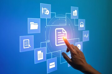 A human finger interacts with a glowing digital interface displaying various icons representing data management security and communication set against a blue gradient background