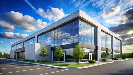Obraz premium Modern office building with a glass facade under blue sky
