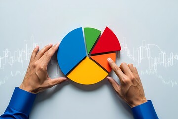 Hands arranging a colorful pie chart with a financial stock market graph overlay symbolizing data analysis and investment strategy