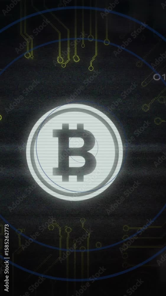 Poster bitcoin symbol with circuit lines and binary code, cryptocurrency animation