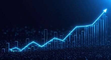 Glowing blue neon line graph ascending over transparent bars illustrating financial growth and positive trends