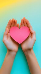 Woman's hands gently cup a red heart, symbolizing love, care, and health