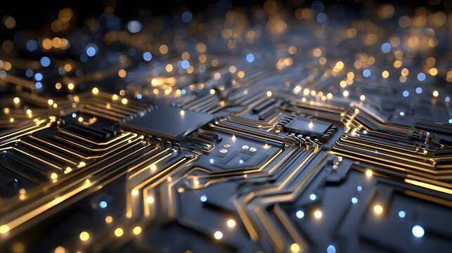 High-tech circuit board grid with metallic gold and silver connectors, glowing nodes, and a dark blue background representing networks, digital connections, and advanced data systems.