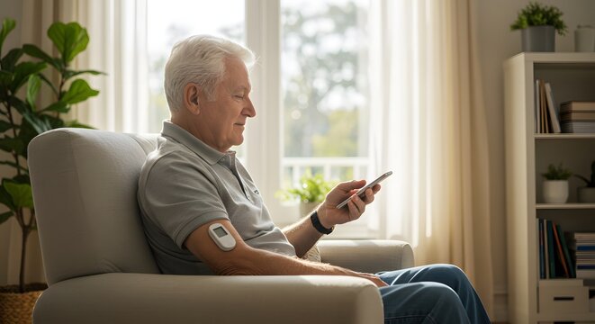Senior man using smartphone with health monitor in a modern, sunlit living room, showcasing comfortable retirement and technology integration.