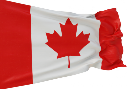 The national flag of canada, featuring a red maple leaf on a transparent background between two red bars, waving proudly