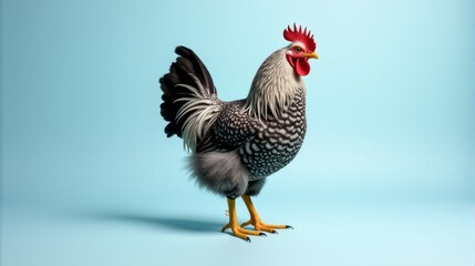 Fototapeta premium Striking Cochin Chicken Portrait on a Pale Blue Backdrop Showcasing Mottled Black and White Plumage and Distinctive Feathery Legs