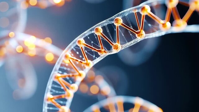 Abstract visualization of molecular structures representing DNA strands intertwined with glowing elements against a futuristic backdrop in a scientific context - Powered by Adobe