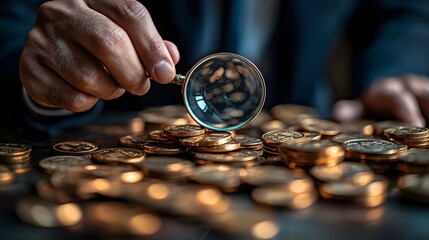 Businessman examining gold coins through a magnifying glass