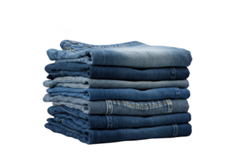A stack of folded blue denim jeans isolated on a transparent background