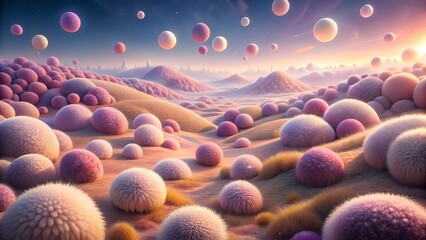 Dreamy fantasy landscape with fluffy spheres at sunset