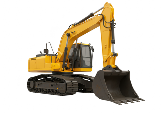 A yellow excavator with its large bucket and arm extended, isolated on a transparent background