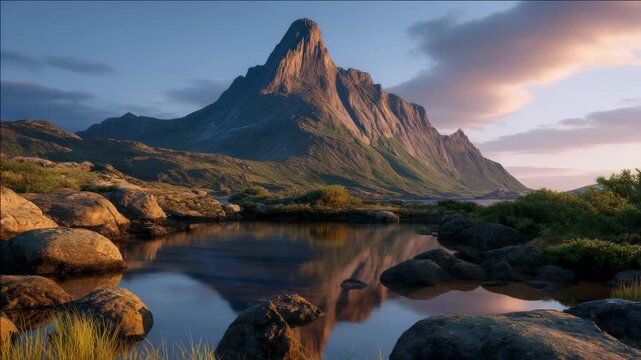 Norway's famous rock formation reflecting on the river surface at sunset.