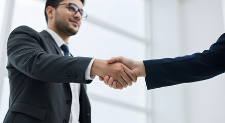 A professional businessman in a suit shaking hands with another person, sealing a deal.