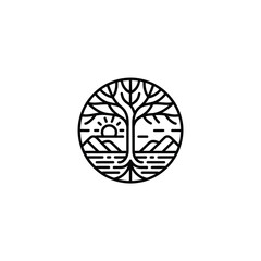 Minimalist Tree of Life Landscape Logo Design in Black and White