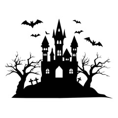 Haunted Castle Silhouette with Spooky Trees and Flying Bats - Halloween Vector