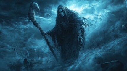 Grim reaper in a foggy graveyard at night