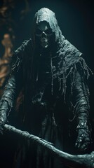 Mysterious hooded figure with skull mask
