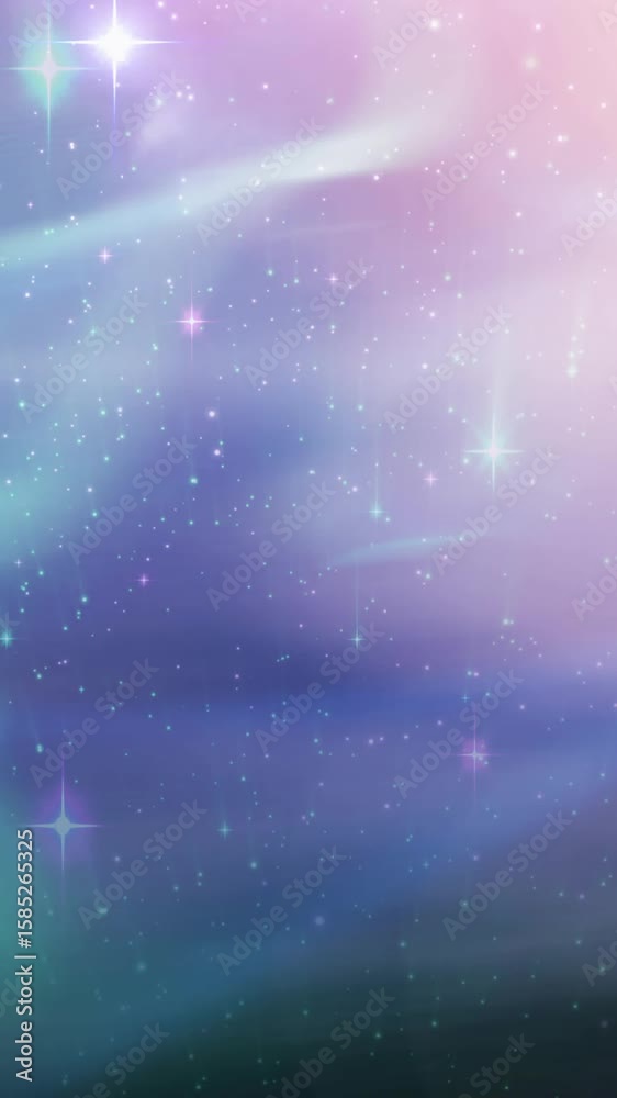 Wall mural animation of glowing white spot and stars on green and pink light trials in universe