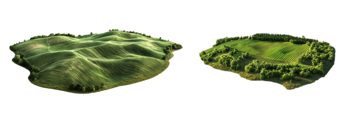 A collection of lush, expansive green farmland, isolated on a transparent background. PNG