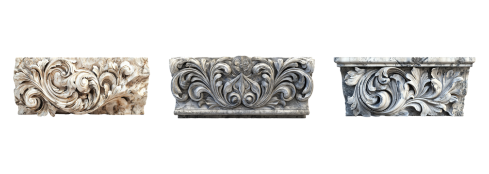 Magnificent artificial stone sculpted collection set, isolated on transparent background. PNG