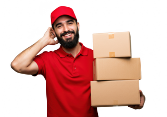 A smiling delivery man in a red cap and shirt holds a stack of cardboard boxes, isolated on a transparent background