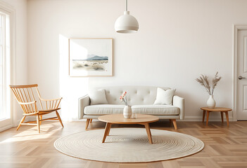 Serene Minimalist Living Room: Beige Sofa, Wooden Accents, and Coastal Art Print.