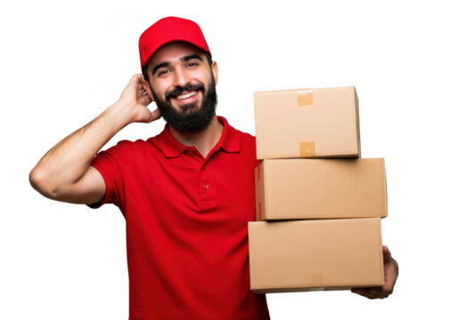 A smiling delivery man in a red cap and shirt holds a stack of cardboard boxes, isolated on a transparent background
