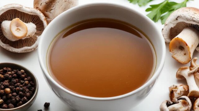 A cup of tea surrounded by various mushrooms and spices, perfect for a cozy atmosphere or as a unique still life