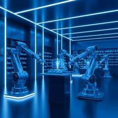 Futuristic factory interior showcasing robotic arms working with computers and data displays.