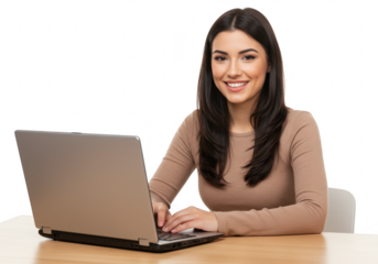 A happy woman smiles while typing on a laptop computer at a desk, isolated on transparent background