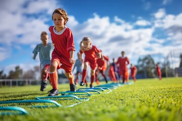 Young soccer players training agility drills on field for kids football team development exercise game day