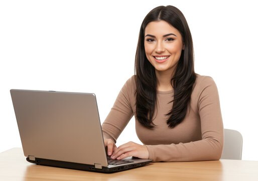 A happy woman smiles while typing on a laptop computer at a desk, isolated on transparent background