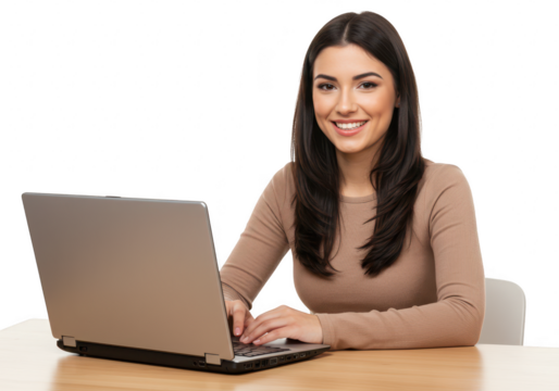 A happy woman smiles while typing on a laptop computer at a desk, isolated on transparent background