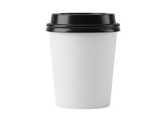 A white paper coffee cup with a black lid, isolated on a transparent background