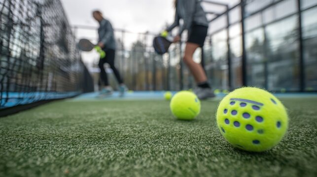 An action shot of padel players enjoying a game with innovative recycled padel balls emphasizing environmental responsibility in sports. Perfect for illustrating sustainability in athletic - Powered by Adobe
